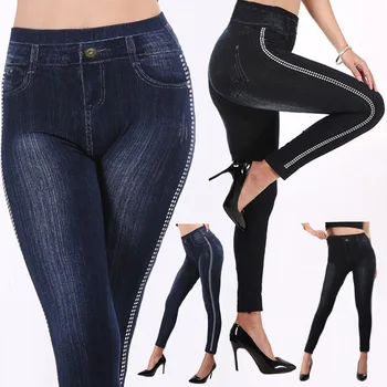 Женские узкие брюки-карандаш с высокой талией, Имитирующие Джинсовые Леггинсы с накладными карманами, имитирующие принт, Сексуальные Узкие брюки-панталоны с подтяжкой бедер, Стрейчевые брюки