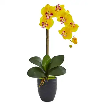 Искусственная орхидея Фаленопсис в керамической черной вазе, желтые подарки для Жениха, Angela flowers, официальный магазин Поддельных роз