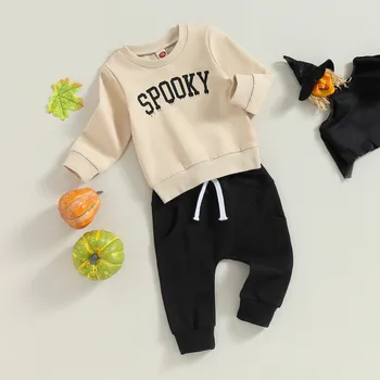 Комплекты брюк для новорожденных мальчиков на Хэллоуин Осенняя одежда Толстовка с длинными рукавами и надписями и спортивные штаны с эластичной резинкой на талии Детская одежда