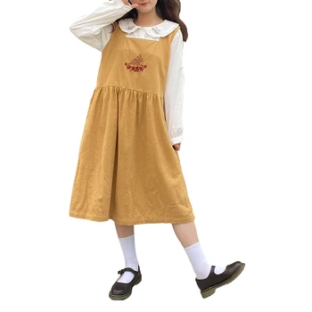 Осеннее Женское Винтажное вельветовое платье-жилет Миди Mori Girl, повседневная Модная кукла в стиле Каваи, без рукавов, с вышивкой Кролика, Синий Комбинезон